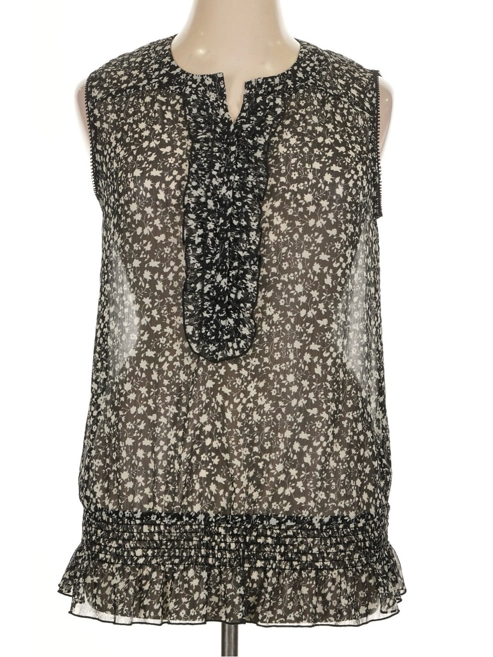 Avenue Black & White Floral Ruffle Sleeveless Blouse Smocked Hem Sz 14/16